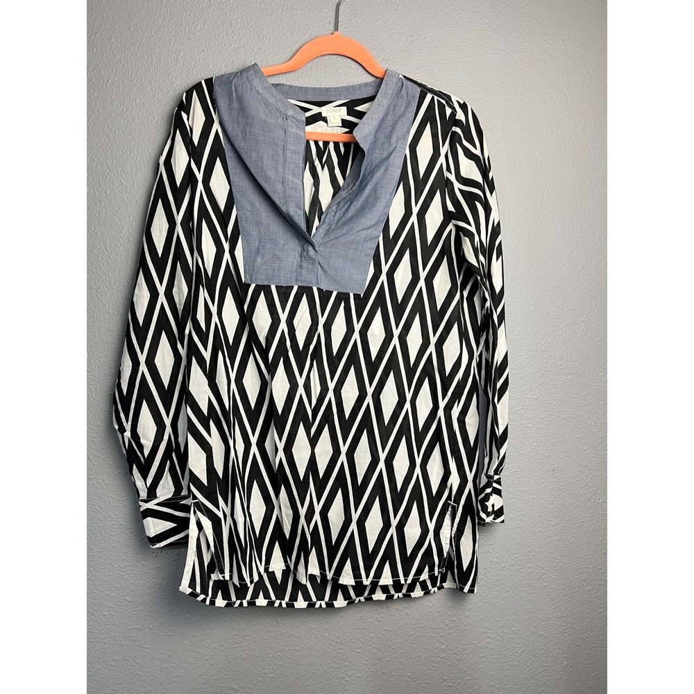 J.Crew Womens Small Black‎ White Geometric Diamond Tunic Top Blue Chambray Bib